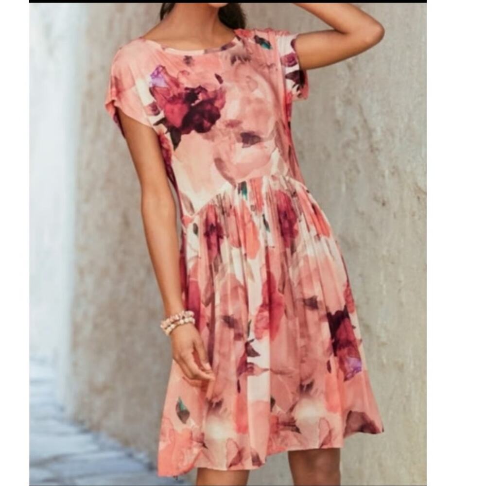 Peruvian Connection dress women's M Desert Rose watercolor floral mini pink